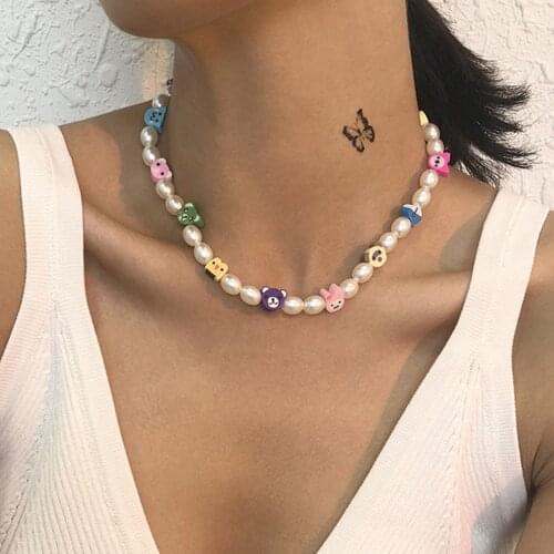 DIEZI Korean Imitation Pearl Choker Necklace Women Girls Sweet Multicolor Animal Necklace Soft Clay Beads New Necklace Jewelry