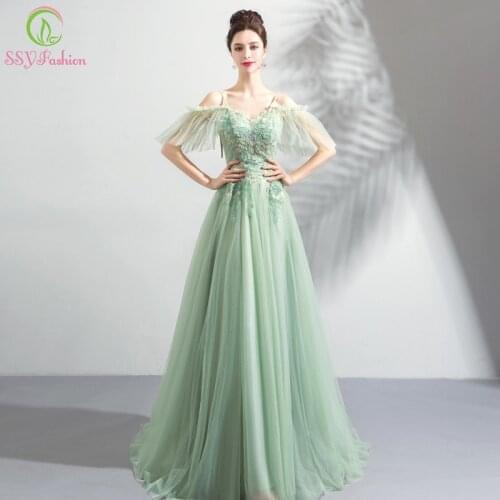 SSYFashion New Sexy Prom Dress Fresh Light Green Soft Tulee Lace Appliques Beading Floor-length Party Formal Gown Robe De Soiree