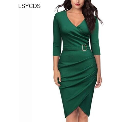 LSYCDS Elegant V-neck Dress Women 3/4 Sleeve Office Party Dresses Solid Green Black White Red Party Sheath Dresses S-3XL