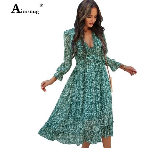 Women Elegant Leisure Casual Bohemian Chiffon Dress Sexy V-neck Flower Print Sundress 2021 Summer Mid-Calf Vestido Robe Dresses