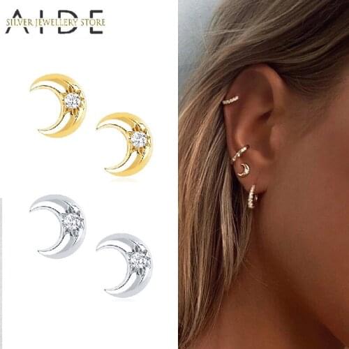 AIDE Exquisite Mini Crescent Stud Earrings For Women Girl Cute Small Moon Zircon Piercing Earings Silver 925 Jewelry Kolczyki