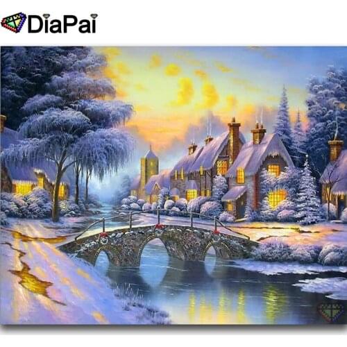 DIAPAI 5D Diamond Painting Full Square/Round "Snow house bridge" Picture Of Rhinestone DIY Diamond Embroidery Home Decor A25691