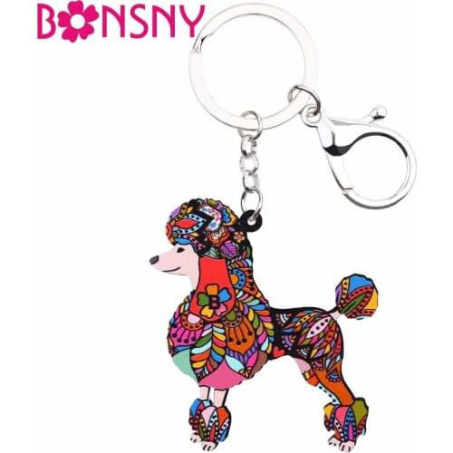 Bonsny Acrylic Poodles Dog Key Chain Keychains Ring Unique Animal Jewelry For Women Girls Pet Lovers Gift Car Handbag Charms Hot