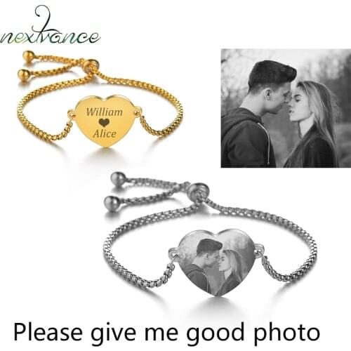 Nextvance Heart Custom Photo Name Pendant Bracelet Stainless Steel Personalized Engraved ID Tag Bangles For Family Gift