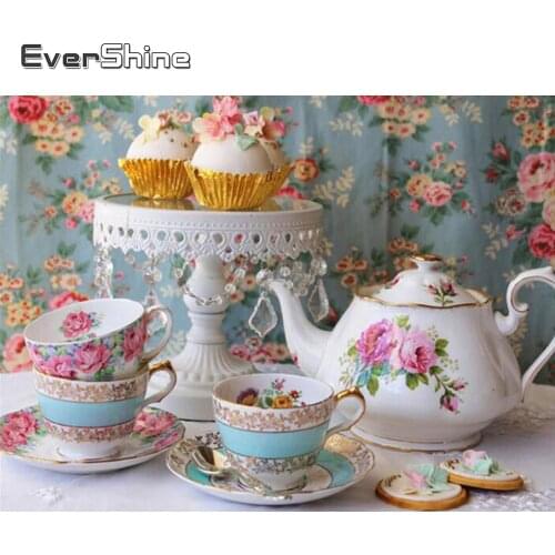 Evershine Diamond Painting Landscape Kitchenware Rhinestone Picture Diamond Embroidery Cross Stitch Tea Set Scenery Home Decor