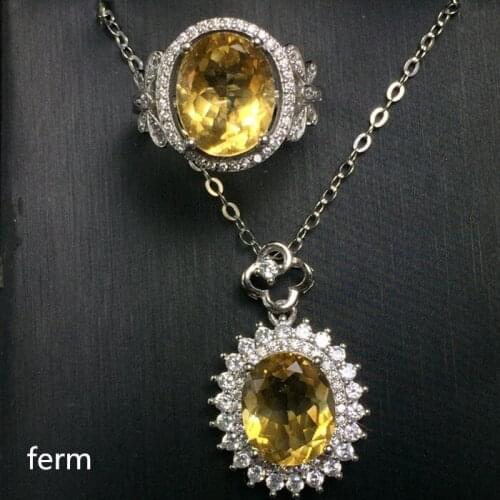 KJJEAXCMY exquisite jewelry 925 pure silver inlaid natural Citrine yellow crystal lady jewelry set ring pendant 2 pieces
