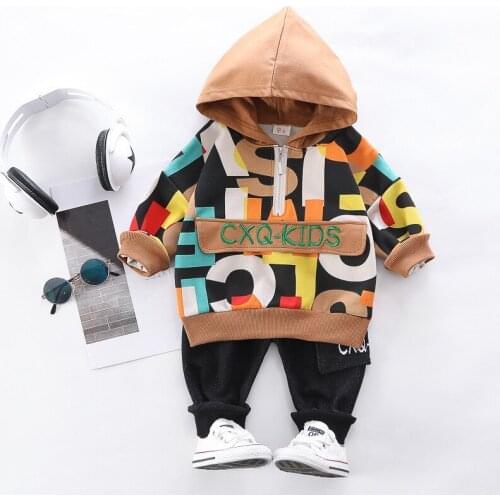 Children Clothes Set Baby Boy Letter Hooded Long-Sleeved Sweater Trousers 2pcs Toddler Boys Outer Wear Suit Cotton Kids Clothing