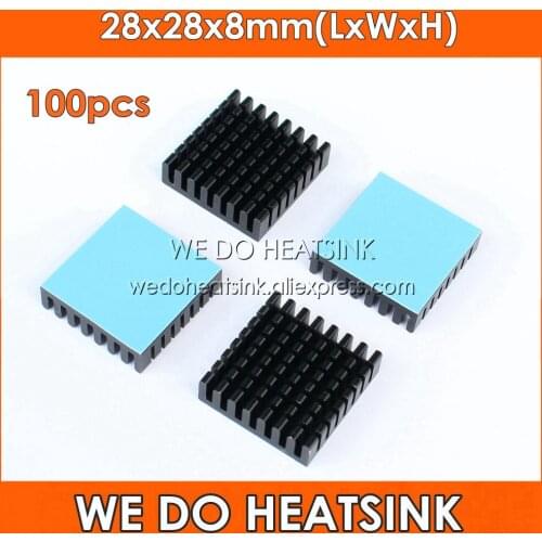 WE DO HEATSINK 100pcs 28x28x8mm Black Slotted Anodized Aluminum Heatsink Radiator Cooler With Thermal Tape Applied
