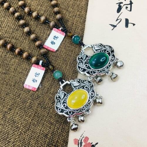 Zhe Ru natural yellow beeswax green agate inlaid lock pendant with three-color bead necklace fine men and women sweater chain