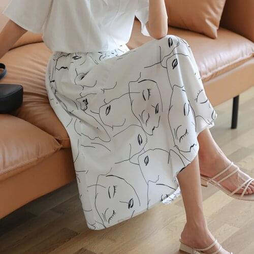 QOERLIN Chic Pattern Skirt with Liner Elastic Waist High Waist Long Black Skirt Women Summer Maxi Skirt School Elegant Saias S-L