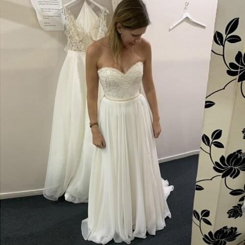 Romantic Beach Chiffon Wedding Dresses Strapless A Line Lace Appliques Sleeveless Bohemian Bridal Gown Custom Made