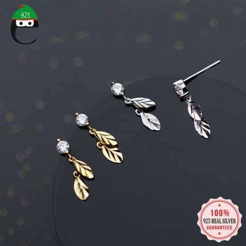 ElfoPlataSi 100% 925 Solid Real Sterling Silver 16mmX5mm Leaves CZ High Quality Stud Earrings For Girl Friend Kid Lady XY920