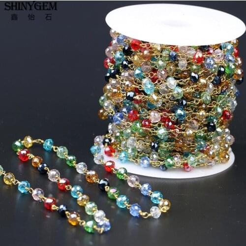 ShinyGem 6mm Faceted Round Crystal Bead Chain Vintage Gold Plating Wire Wrap Natural Stone Bead Chains For DIY Jewelry Making 5M