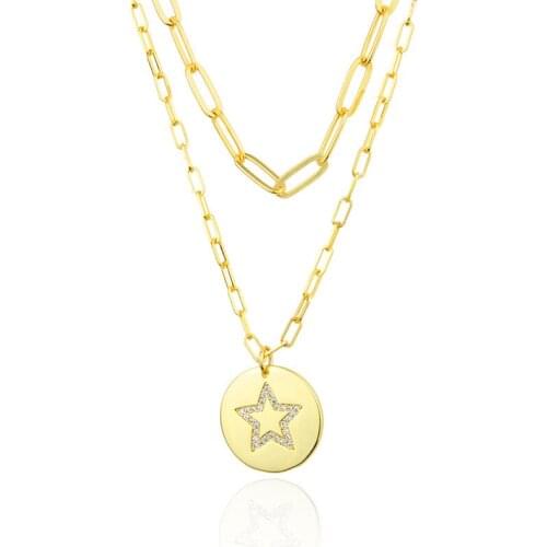 Rhinestone Star Pendant Necklace Gold Color Copper Double Layered Initial Chain Necklace for Women Party Statement Neck Jewelry