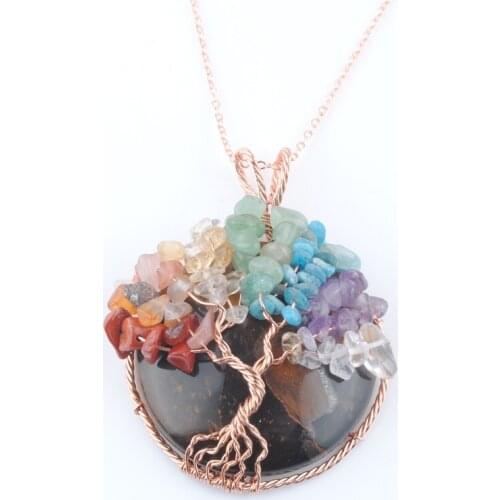 Tigers Eye Cabochon Stone Tree of Life Pendant Rose Gold Color Wire Wrap Chips Wisdom Tree Healing Necklace Chain 45cm QN4247