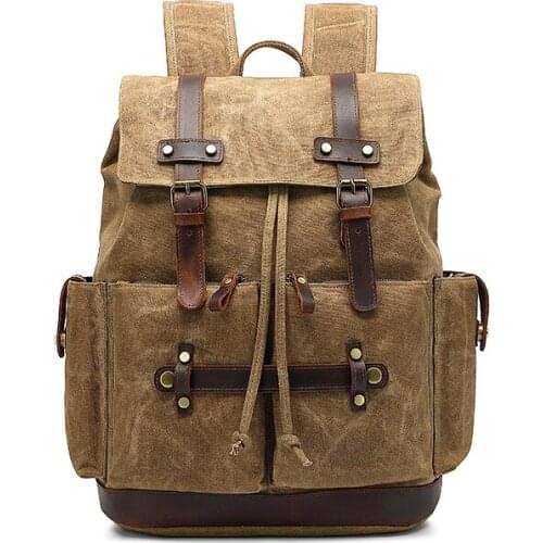 Vintage Durable Waterproof Canvas Cow Leather Laptop Retro Men Outdoor Hiking Backpack Rucksack For Travelling