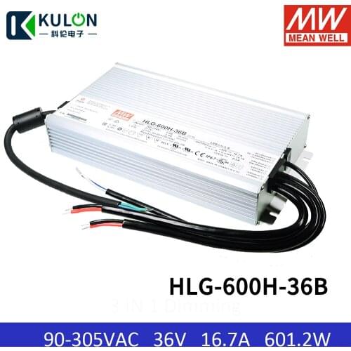 Meanwell IP67 Waterproof Metal Led Driver HLG-600H-36B 600w 36v 16.7A Constant Voltage and Current Pfc Dimmable Power Supply