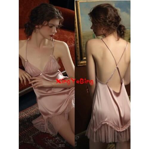 Spring And Summer Female Sense Of Deep V Backless Satin Mosaic Net Gauze Skirt Swing Condole Sleeping Skirt Home Wear
