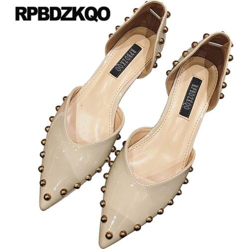 Ladies d'orsay sandals elegant 2018 low heels summer shoes korean patent leather block pointed toe stud rivet beige fashion