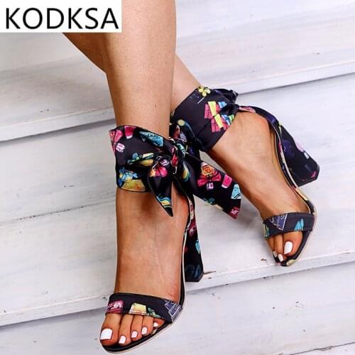 2021 Women Summer Sandals Bowknot High Square Heel Open Toe Leather Heels Pumps Shoes 10 CM Female Fashion Gladiator Ankle Strap