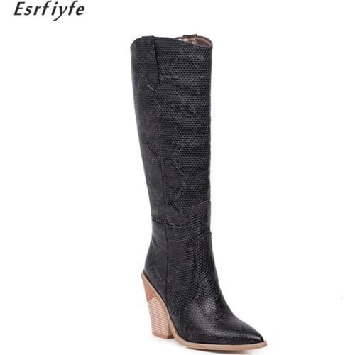 ESRFIYFE 2020 New Plus Size 46 Knee High Boots Women Snake Pointed Toe High Heels Party Night Club Shoes Ladies Western Boots