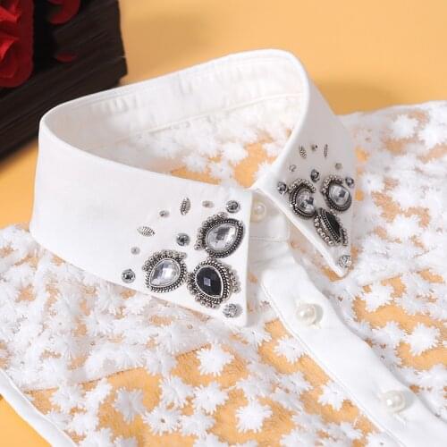 Women White Fake Collar Lace Lapel Blouse False Collar Shirt With Beads Detachable Collar Clothes Decor Removable Valse Draagjes
