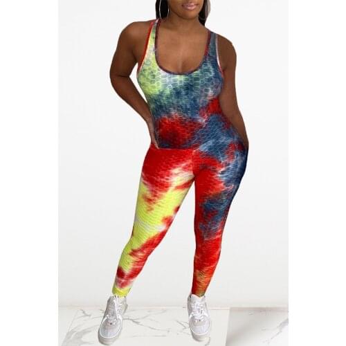 Tie-dyed Backless Yoga Jumpsuit Women Sportswear Sexy Low-Cut Cross Straps Rompers Summer Female Gym Workout Fitness Suits