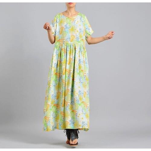 Women Summer Ramie Print Dress Ladies Short Sleeve Wrinkle Dress Cute Broken Floral Dresses 2018 Ramie Dress Foe Female