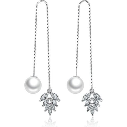 100% 925 sterling silver hot sell pearl shiny crystal ladies' tassels stud earrings jewelry wholesale Christmas gift