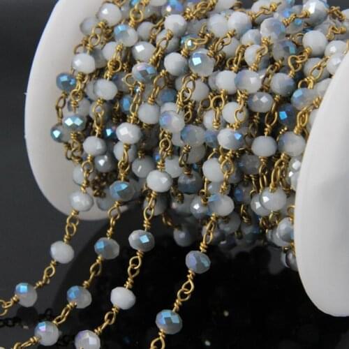 5Meter Titanium Blue Faceted White Glass beads Rondelle Rosary Chains,Brass Wire Wrapped Chain Women bracelet Necklace Making