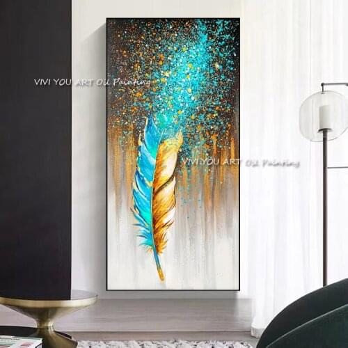 Blue Golden feather Abstract painting in gold leaf block, modern, wall art, image for living room, sailor decoration