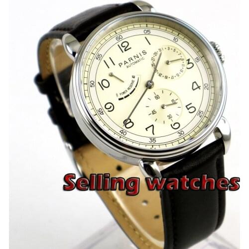 Solid 42mm PARNIS mens watch DATE Power reserve Beige dial polished case Automatic movement wrist watch