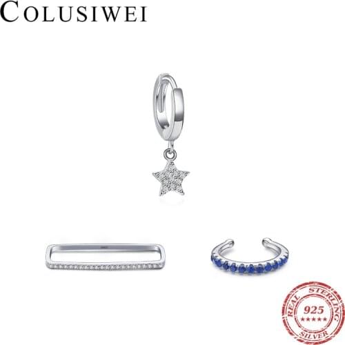 Colusiwei Trendy Rainbow Clear CZ C-Shape Rectangle Star 925 Sterling Silver Clips Earring for Women Single Earring Cool Jewelry