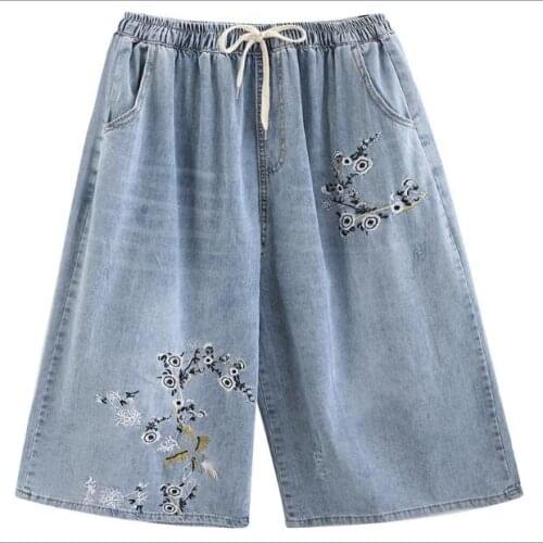 Denim Calf-length Wide Leg Pants Ladies Embroidered Casual Loose Jeans Woman Distressed Jeans
