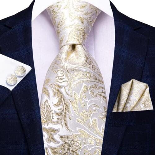 Hi-Tie Light champagne Floral Silk Wedding Tie For Men Handky Cufflink Fashion Designer Nicktie For Men Business Party Dropship