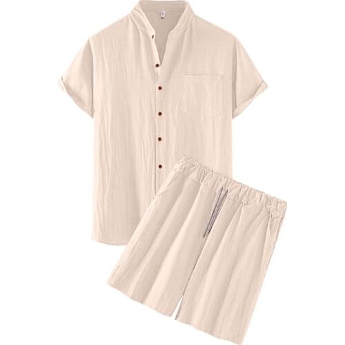 Hawaiian Short Sleeve Shirt Set Mens Beach Wear Solid Color Casual Short And Shirts Suit Two-piece