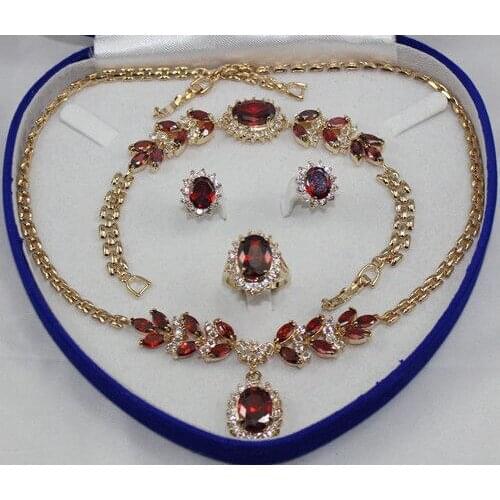 18KGP red purple zircon beaded flower necklace bracelet earring ring set