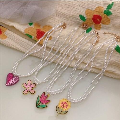 Colorful Resin Acrylic Soft Pottery Flowers Heart Pearl Necklace for Women Girl Smiley Daily Party Jewelry 2021 NEW