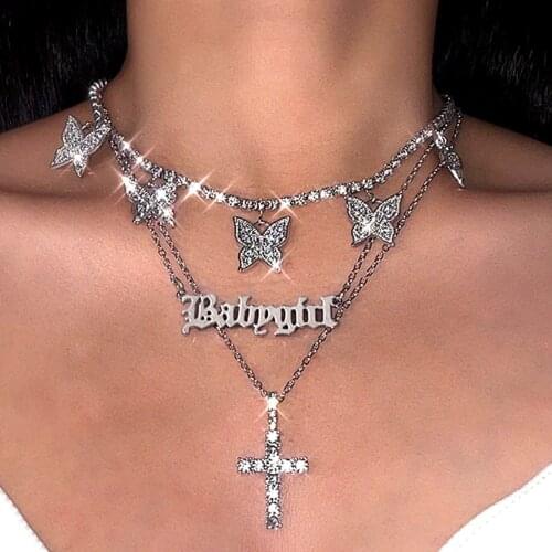 Silver Color Multilayered Babygirl Letter Gun Pendant Necklace for Women Punk Pistol Figaro Chain Chokers Gothic Fashion Jewelry