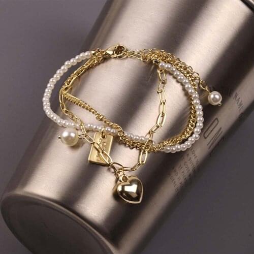 New Fashion Brand Delicate Jewelry Adjustable Heart Bangles&bracelet for Women Elegant Pearl Crystal Bracelets