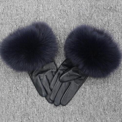 New Women Winter Gloves Natural Sheepskin Fluffy Fox Fur Women Thick Winter Warm Snow Glove Fashion Style