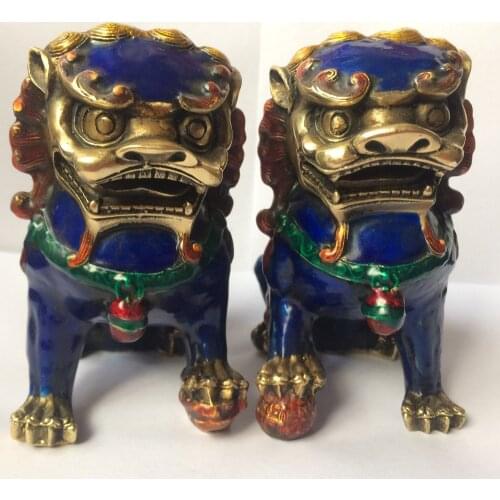 A Pair Chinese Cloisonne Copper Statue - Lion Foo Dog Home decoration Metal crafts