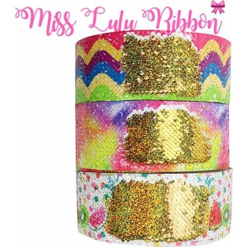 3"75mm Rainbow Waves Galaxy Watermelon Fruits Double Reversible Hologram Gold Sequin Ribbon Hair Band Making 46yards