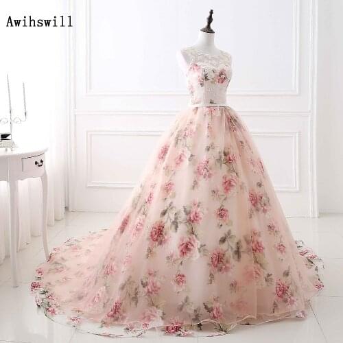 Real Image Blush Pink Prom Dresses Ball Gown Sleeveless Scoop Neckline Bandage Party Gown Floral Printed Tulle Lace in stock