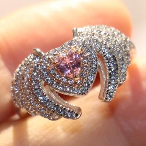 Luxury Jewelry 925 Sterling Silver Pear Cut Pink AAAAA Cubic Zirconia Pave CZ Angle Wing Eternity Party Women Wedding Band Ring