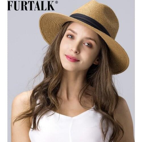 FURTALK Summer Hat for Women Men Panama Straw Hats Travel Beach Sun Hat Wide Brim Fedora Jazz Hat