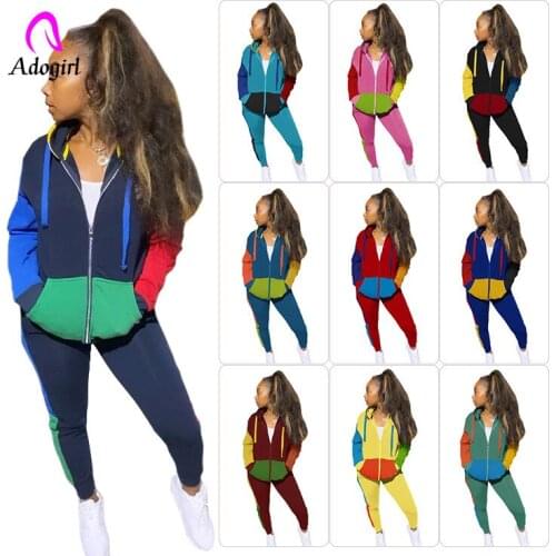 Tracksuit Women 2 Piece Set Zipper Up Hoodies Skinny Sweatpants Fitness Casual Jacket Jogger Wear Work Out Color Patchwork Suits