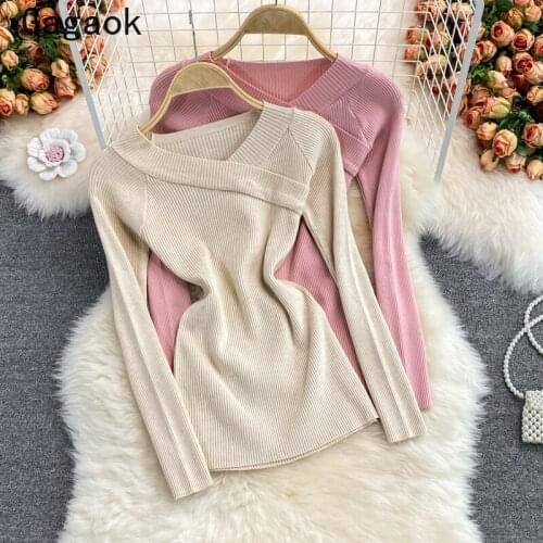 Gagaok Dropshipping Sweater Women 2021 Spring Autumn New Solid Streetwear V-Neck Knit Basic Sweaters Slim Korean Chic Pullovers