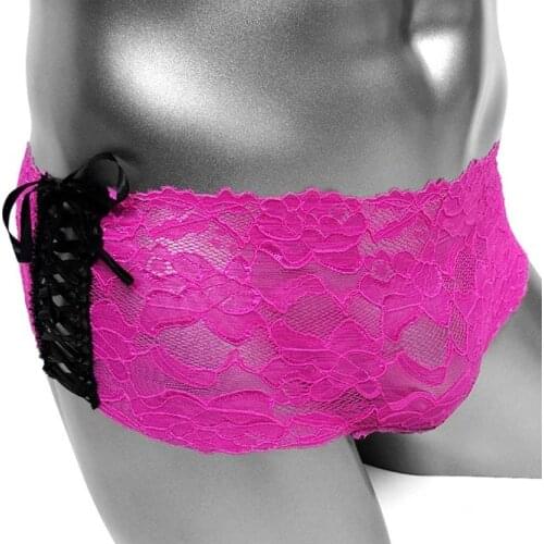 Lace Up Boxer Panties for Sissy Gay Mens Boxers Short Underwear Open Crotch See Through Floral Lace Knickers Male Sexy Panties