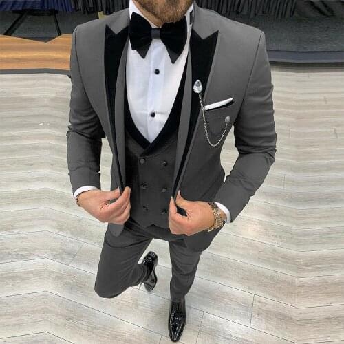 Spring 3 Pieces Grey Men Suits For Wedding Formal Groom Wear Blazer Masculino Tailor-Made Male Fashion Evening Dinner Tuxedos